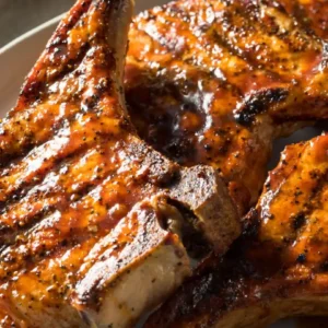 Costelas de porco grelhadas com molho barbecue caramelizado e marcas de grelha, dispostas em prato branco