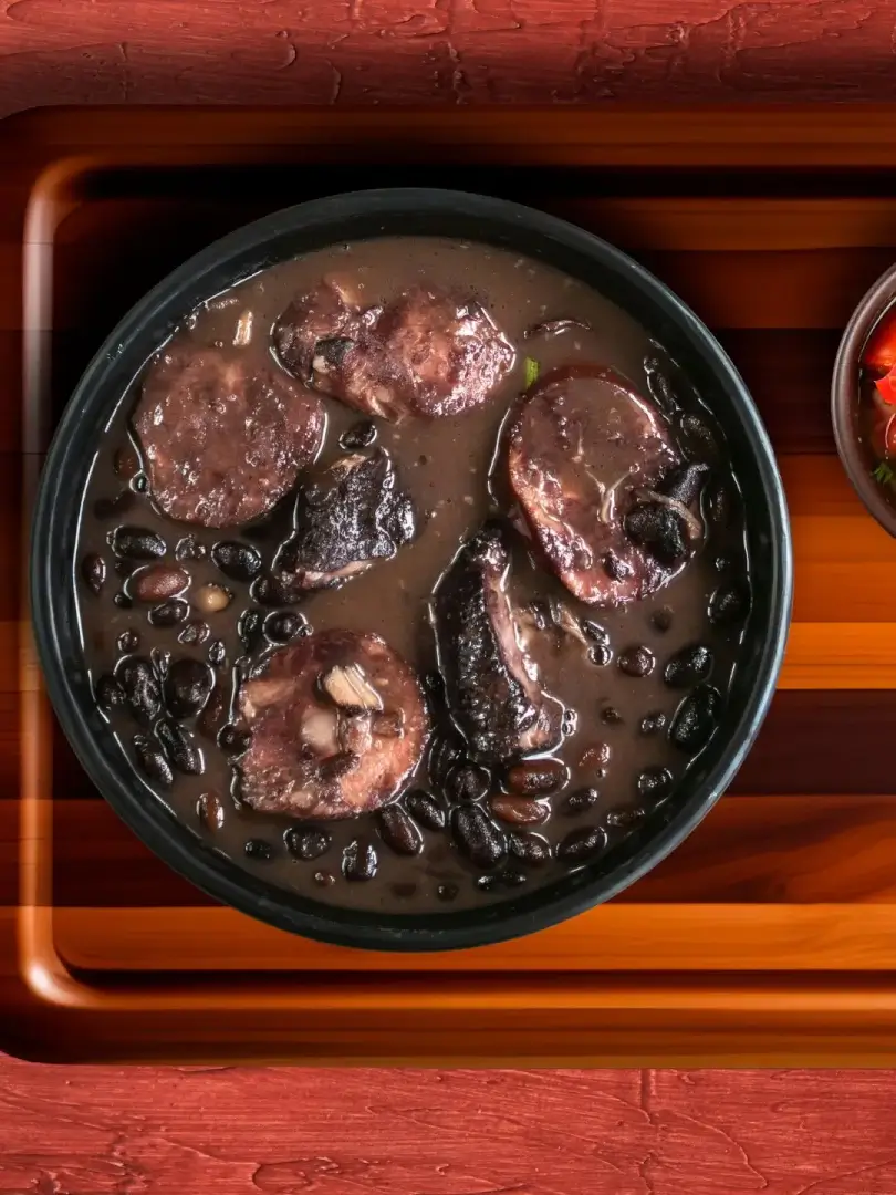 Tigela preta com feijoada contendo feijão preto e pedaços de carne de porco em caldo escuro, servida em bandeja laranja sobre mesa de madeira