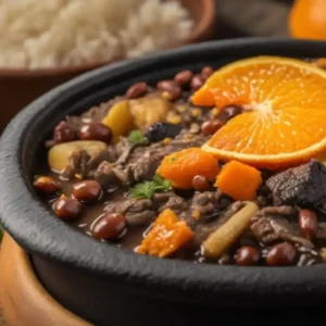 Tigela preta com feijoada contendo feijão preto, carnes, legumes e fatias de laranja, acompanhada de arroz branco ao fundo