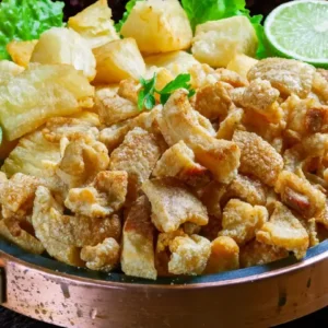 Prato com torresmo frito dourado, mandioca cozida em cubos, folhas de alface e fatia de limão