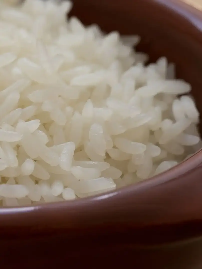 Arroz branco cozido servido em tigela de cerâmica marrom, grãos soltos e bem preparados
