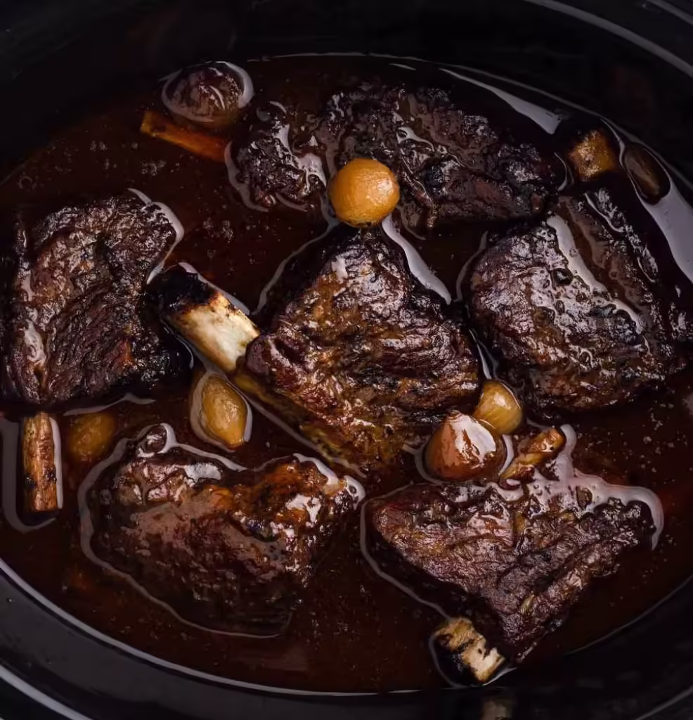 Costelas bovinas short ribs cozidas lentamente em molho escuro com cebolas pérola em panela slow cooker